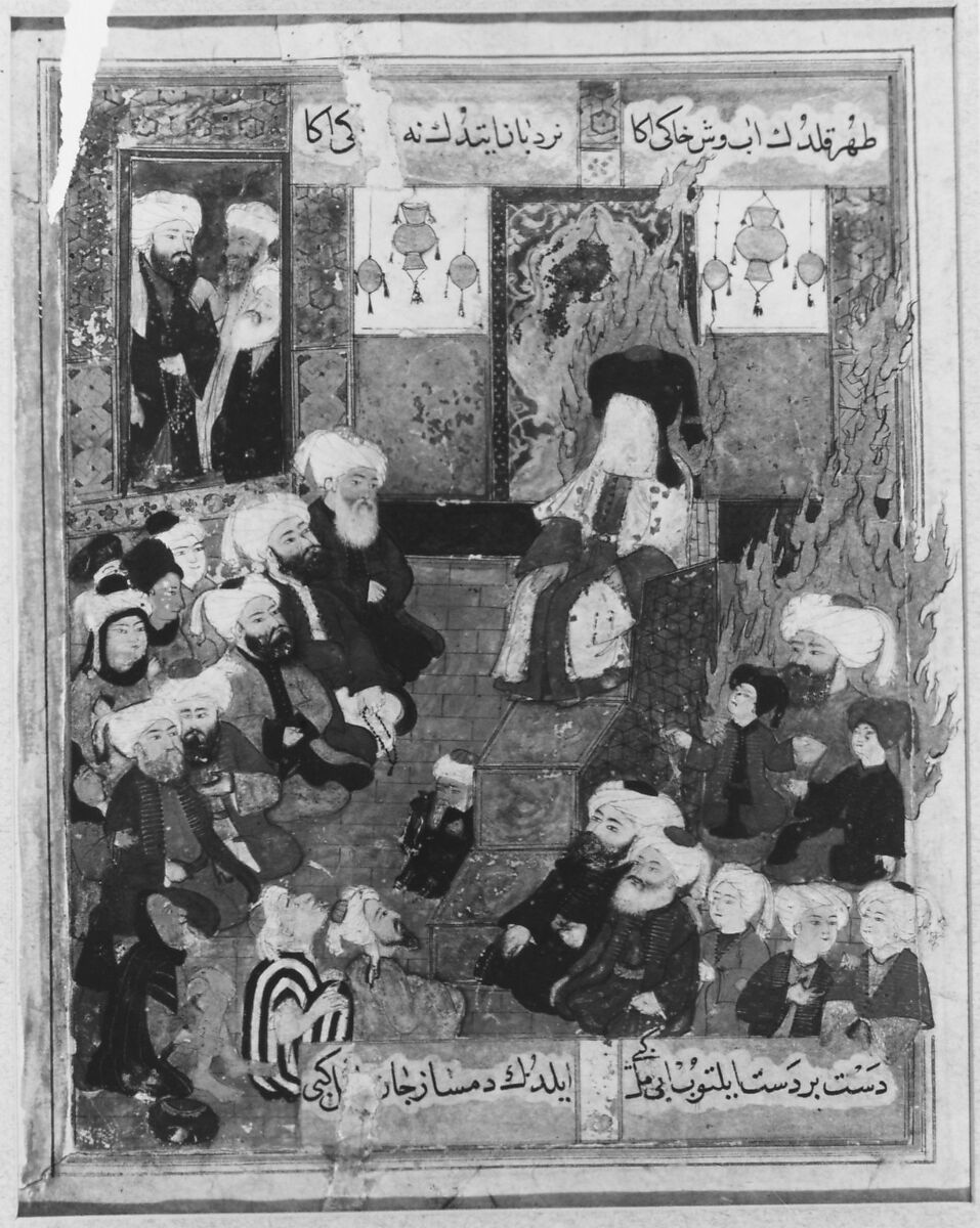 "Prophet Muhammad Preaching", Folio from a Maqtal-i Al-i Rasul of Lami'i Chelebi, Lami'i Chelebi, Ink, opaque watercolor, and gold on paper