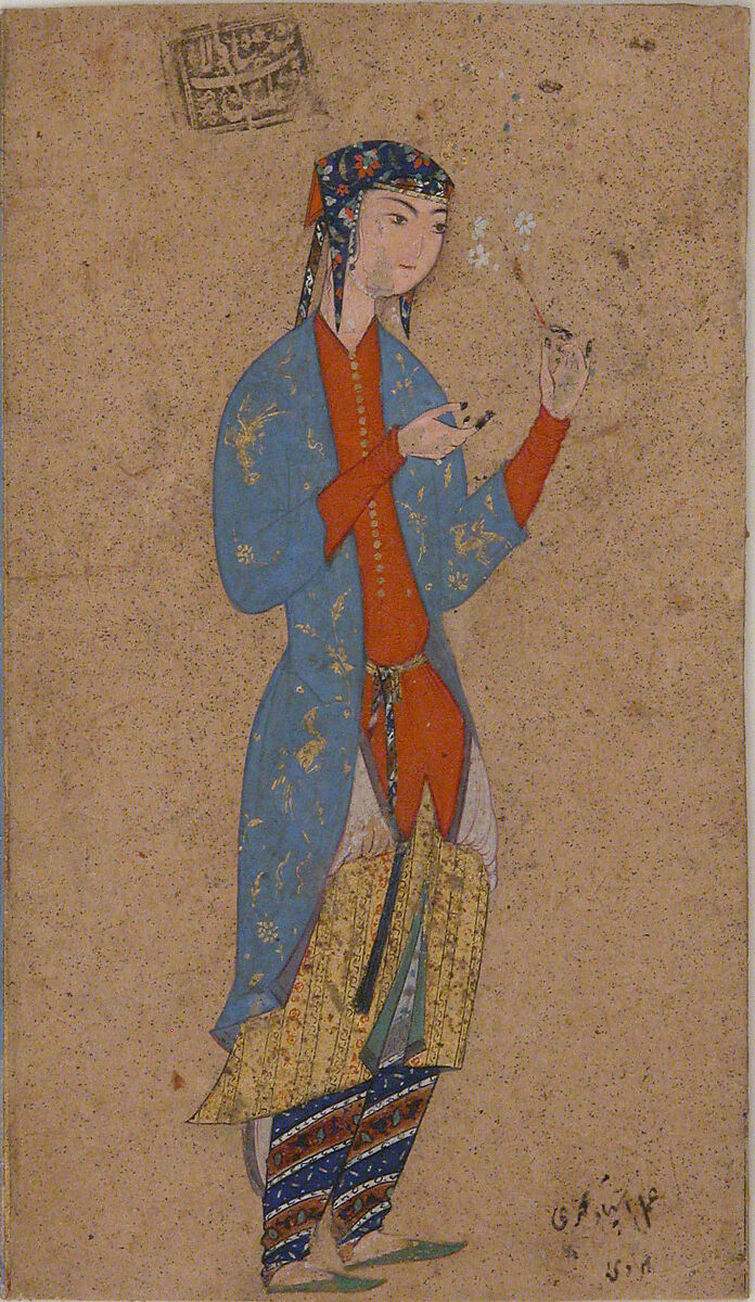 Portrait of a Lady Holding a Flower, Painted by Muhammadi of Herat (Iranian, active Qazvin, ca. 1570–78; Herat, ca. 1578–87), Opaque watercolor, ink, and gold on paper