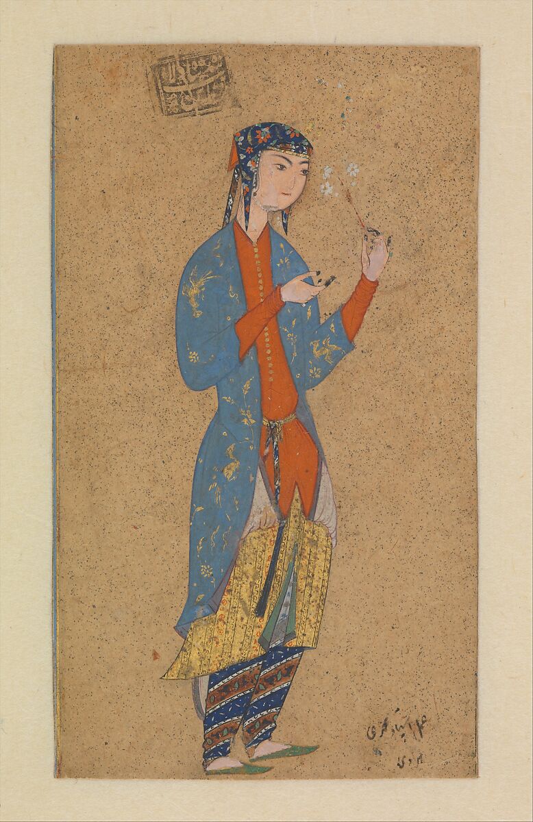 Portrait of a Lady Holding a Flower, Painted by Muhammadi of Herat (Iranian, active Qazvin, ca. 1570–78; Herat, ca. 1578–87), Opaque watercolor, ink, and gold on paper 