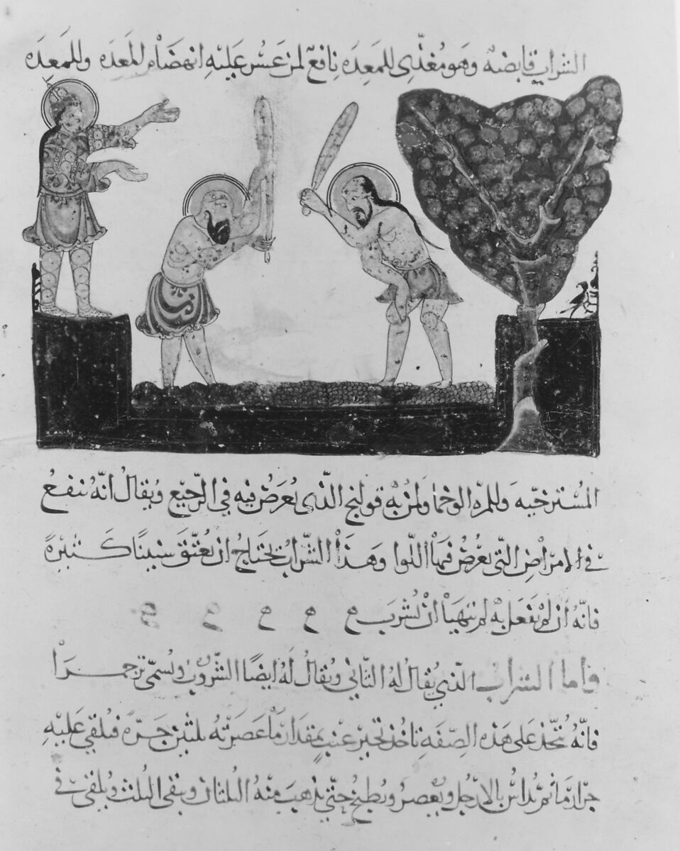 "Men Treading Grapes", Folio from a Materia Medica of Dioscorides, Ink, opaque watercolor, and gold on paper