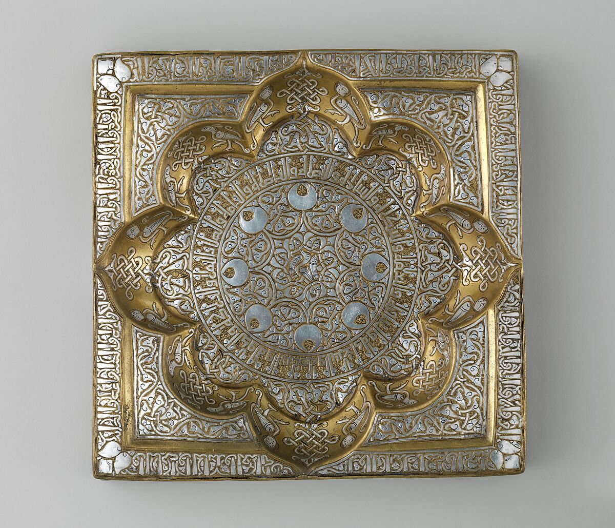 Square Tray with Recessed Medallion, Brass; hammered, engraved, inlaid with silver 