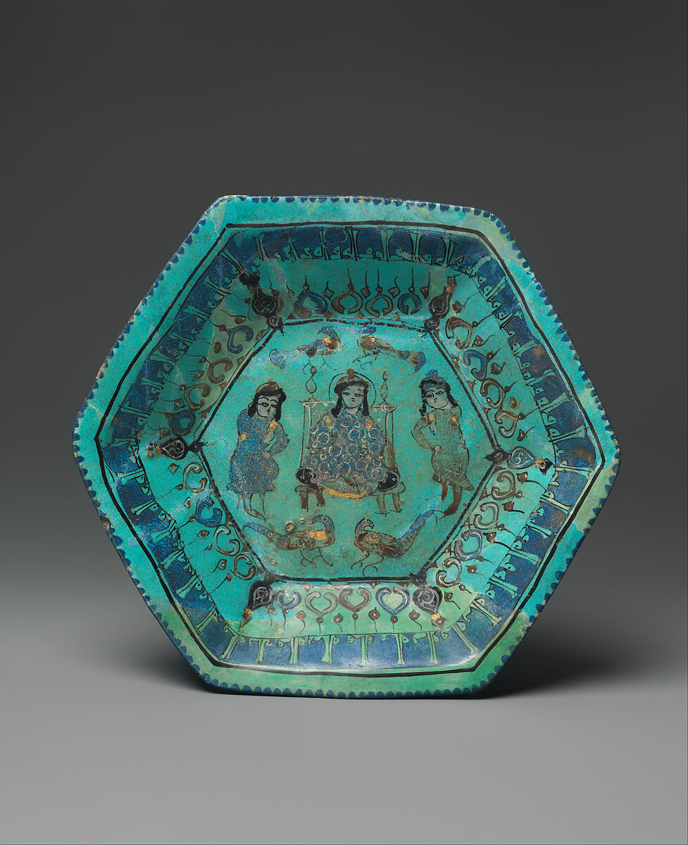 Bowl with Enthroned Figure, Attendants, and Peacocks, Stonepaste; glazed in opaque turquoise, in-glaze- and overglaze-painted 