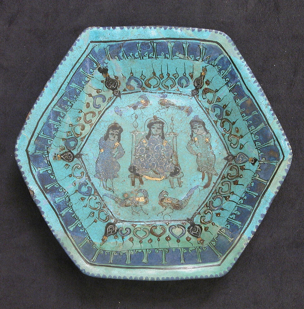 Bowl with Enthroned Figure, Attendants, and Peacocks, Stonepaste; glazed in opaque turquoise, in-glaze- and overglaze-painted