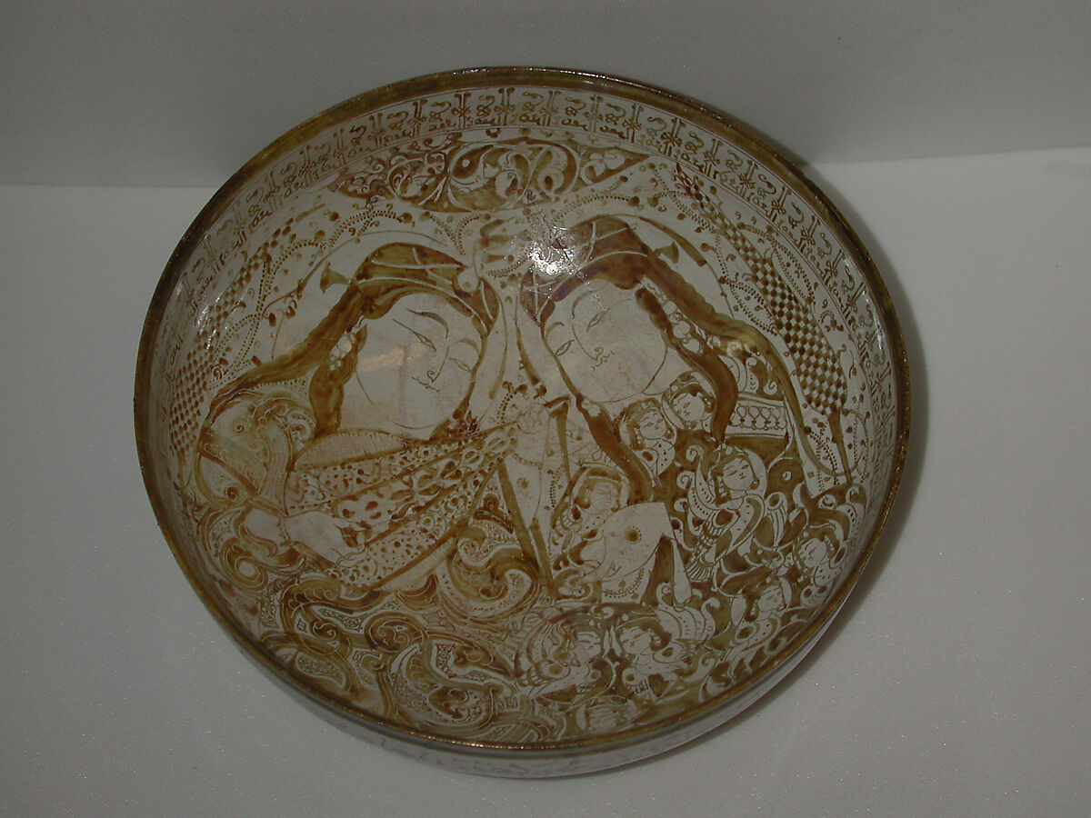 Bowl With Musicians in a Garden, Stonepaste; glazed in opaque white, luster-painted
