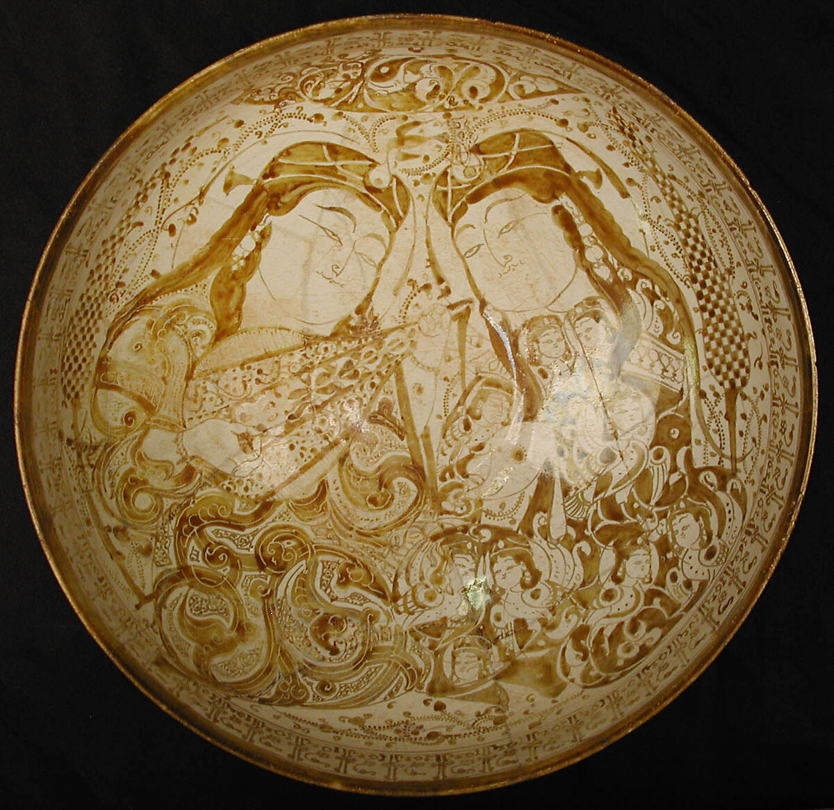 Bowl With Musicians in a Garden, Stonepaste; glazed in opaque white, luster-painted
