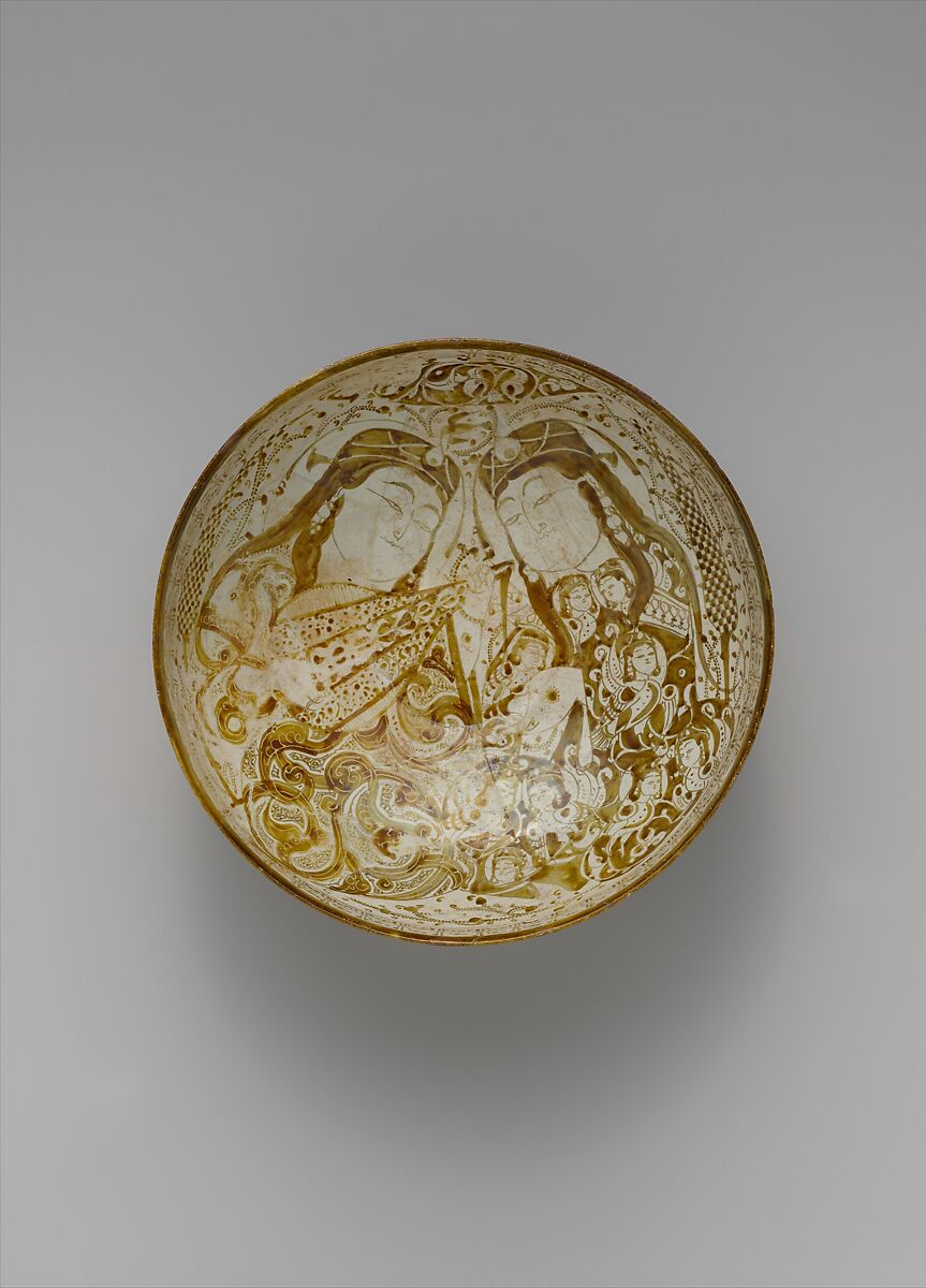 Bowl With Musicians in a Garden, Stonepaste; glazed in opaque white, luster-painted