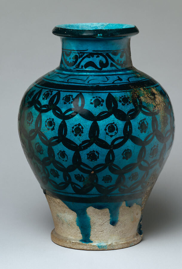 Jar, Stonepaste; underglaze painted under transparent turquoise glaze. 