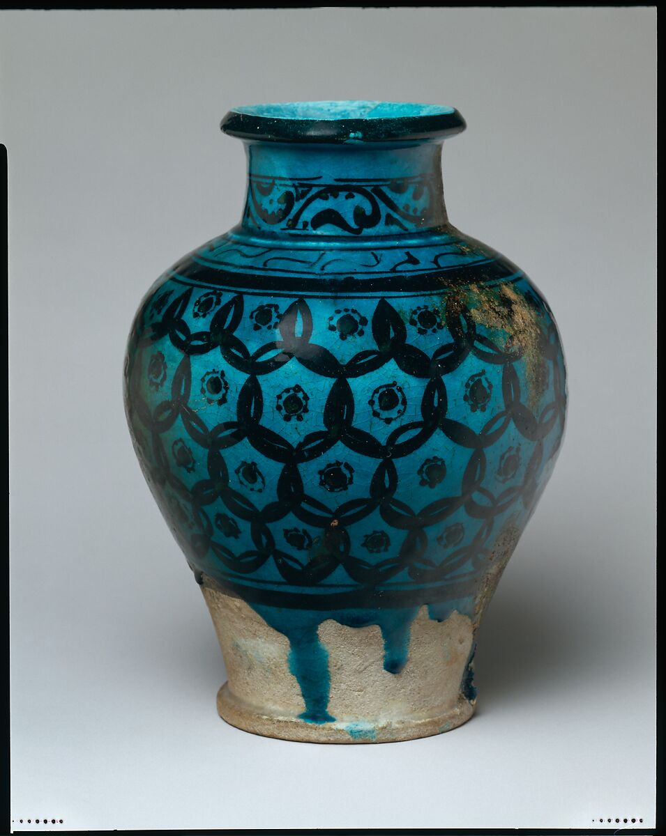 Jar, Stonepaste; underglaze painted under transparent turquoise glaze.