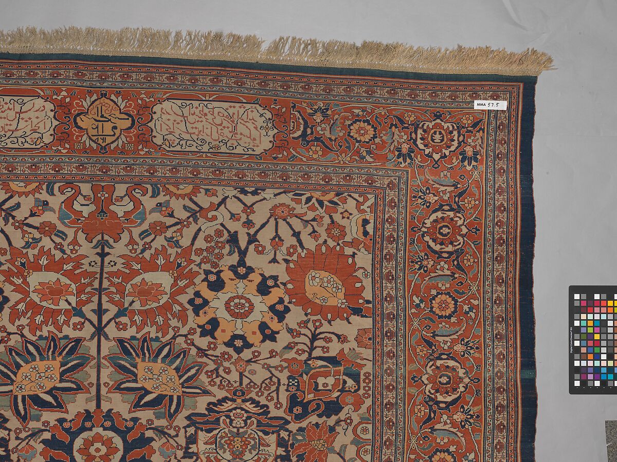 Carpet, Silk (warp, weft and pile); symmetrically knotted pile