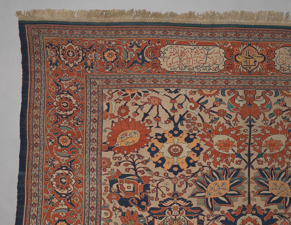 Carpet, Silk (warp, weft and pile); symmetrically knotted pile