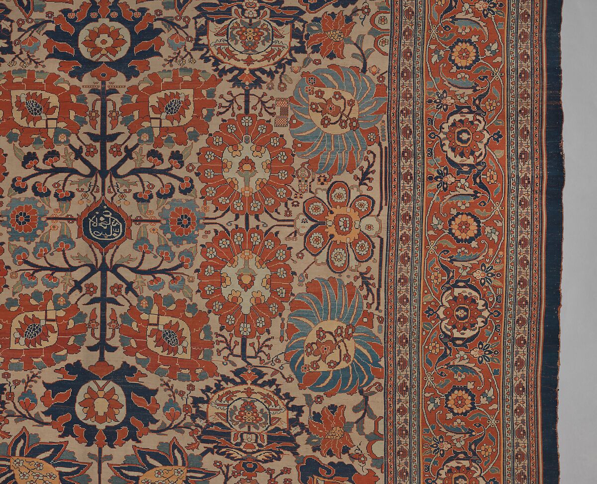 Carpet, Silk (warp, weft and pile); symmetrically knotted pile