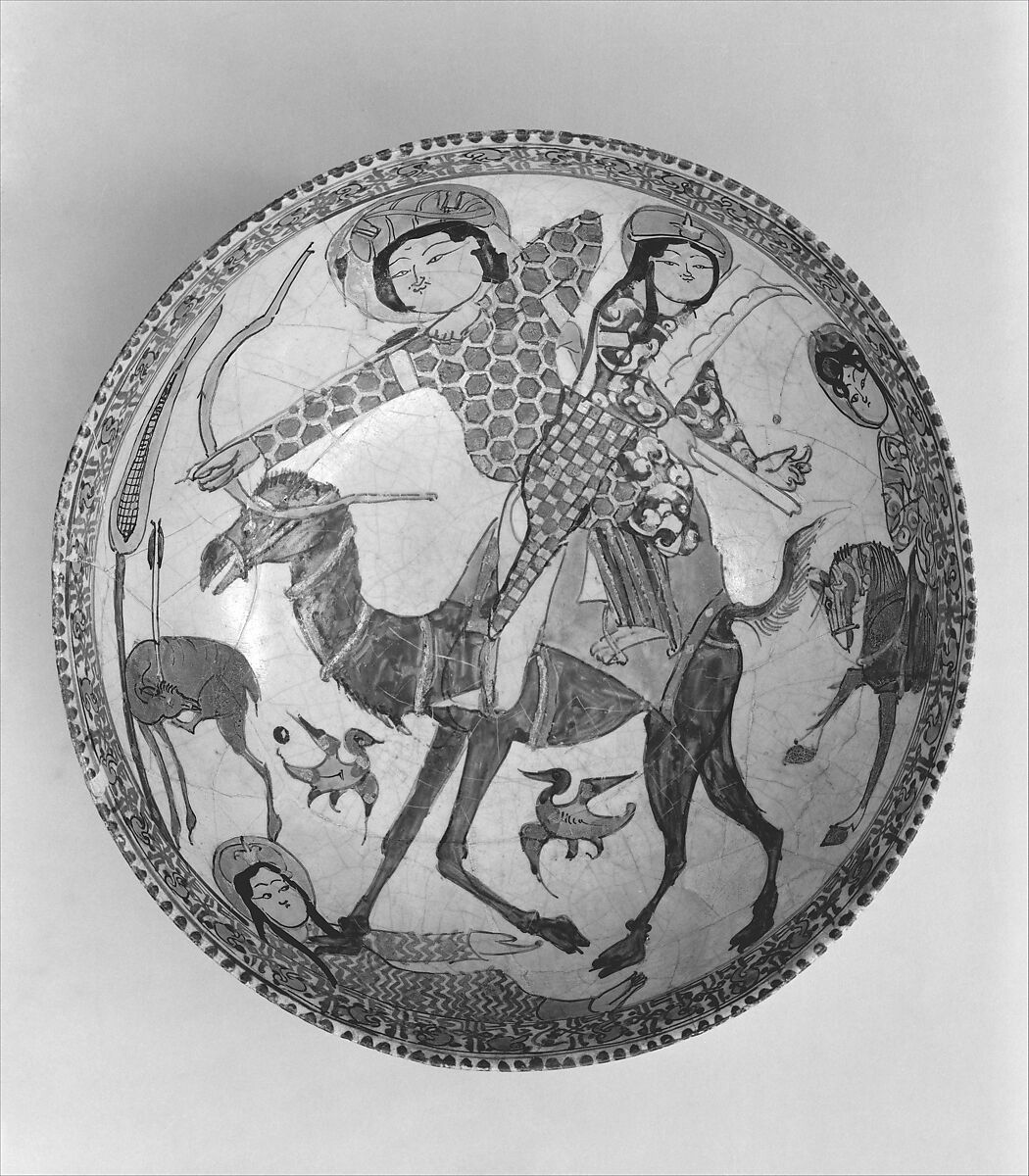 Bowl with Bahram Gur and Azada, Stonepaste; glazed (opaque monochrome), in-glaze- and overglaze-painted, gilded