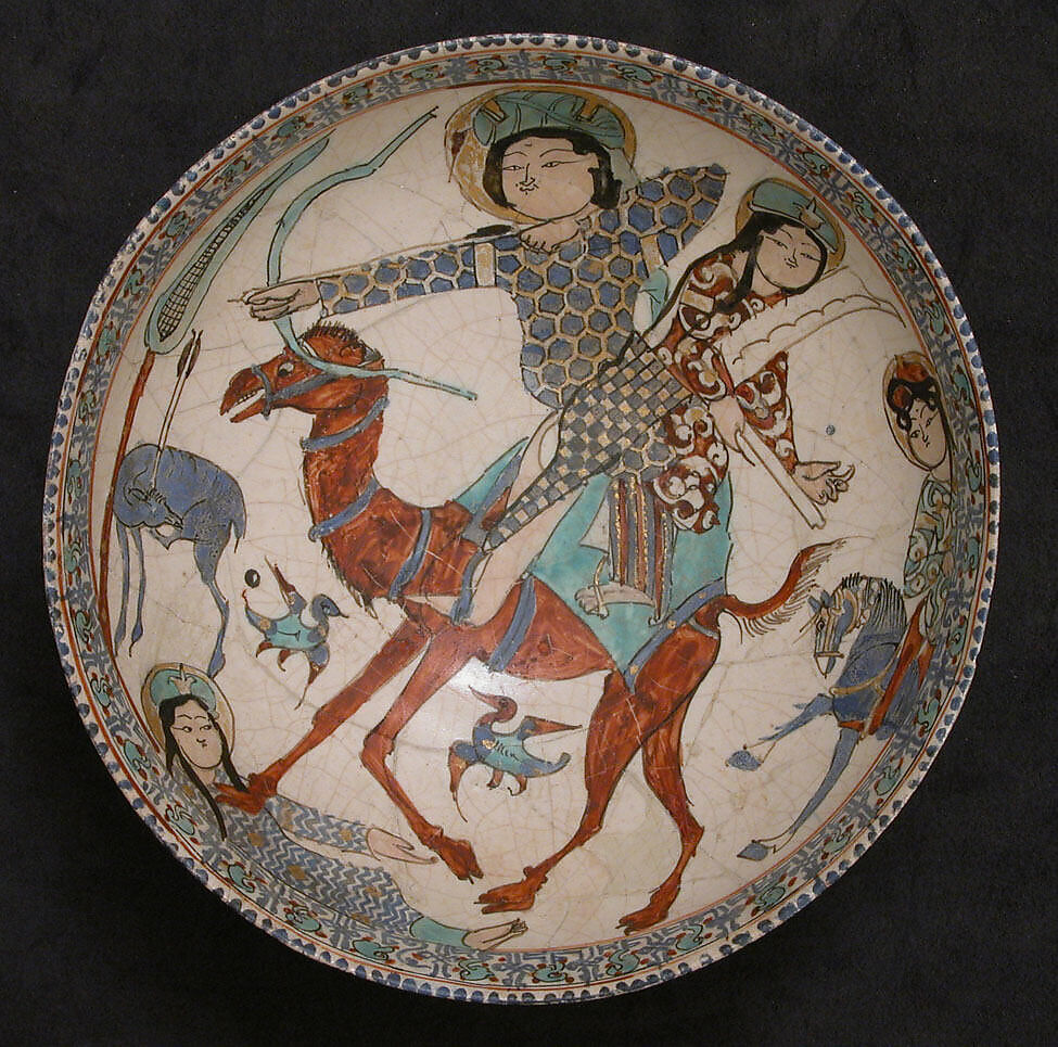 Bowl with Bahram Gur and Azada, Stonepaste; glazed (opaque monochrome), in-glaze- and overglaze-painted, gilded