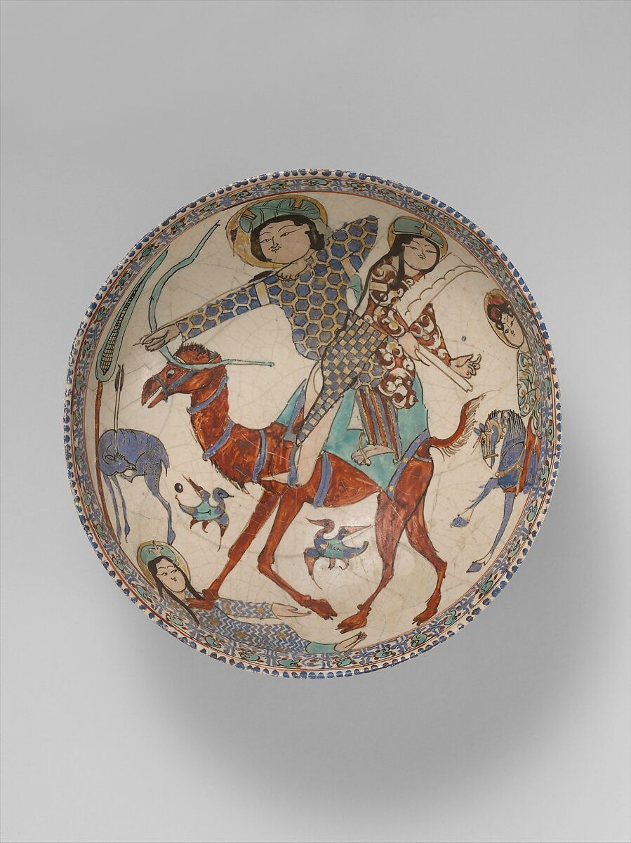 Bowl with Bahram Gur and Azada, Stonepaste; glazed (opaque monochrome), in-glaze- and overglaze-painted, gilded 