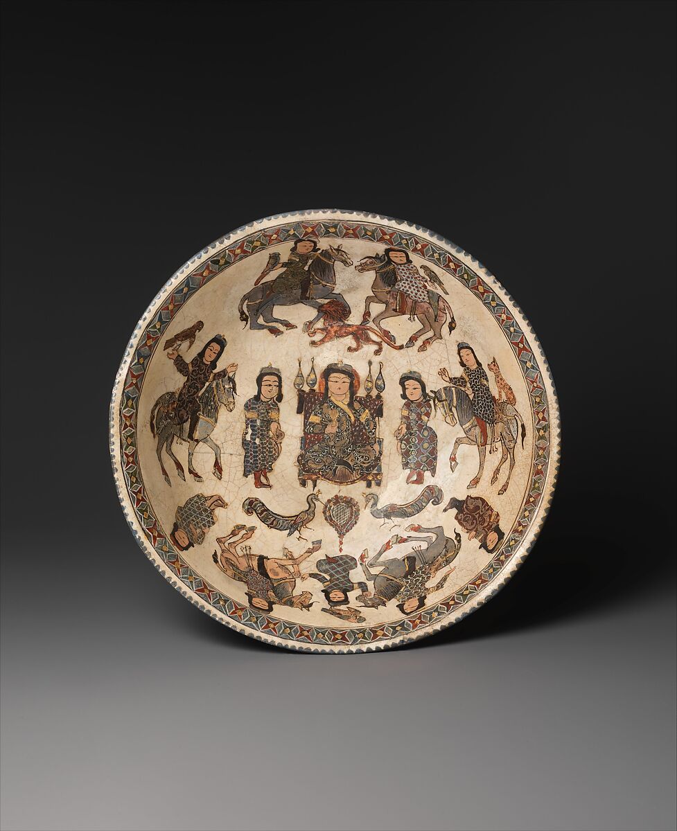 Bowl with Enthroned Figure and Horsemen, Stonepaste; glazed in opaque white, overglaze-painted 