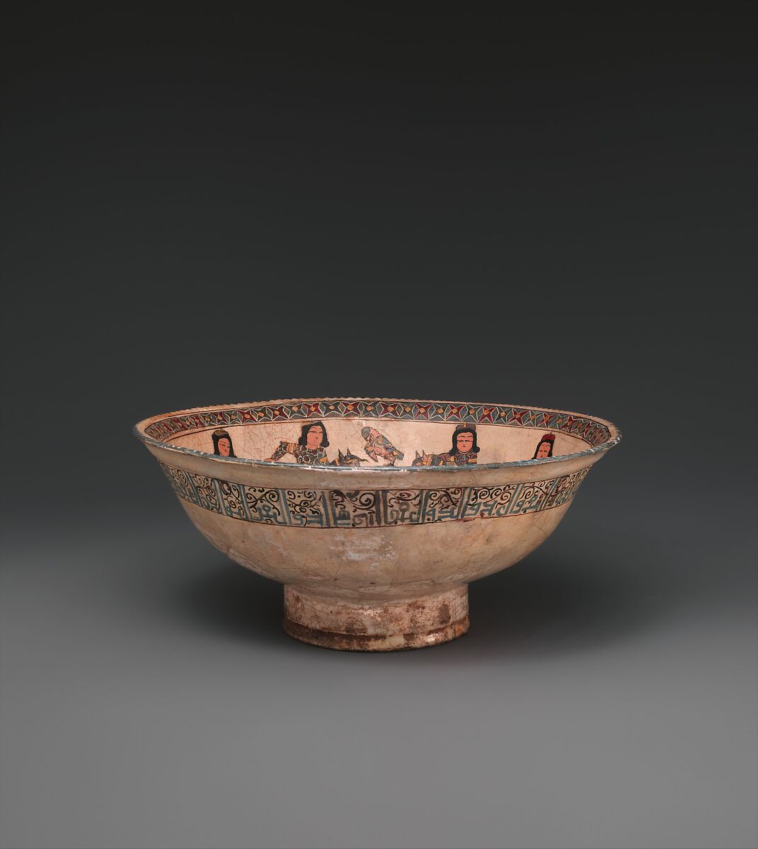 Bowl with Enthroned Figure and Horsemen, Stonepaste; glazed in opaque white, overglaze-painted