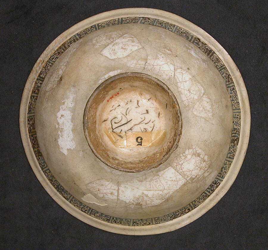 Bowl with Enthroned Figure and Horsemen, Stonepaste; glazed in opaque white, overglaze-painted
