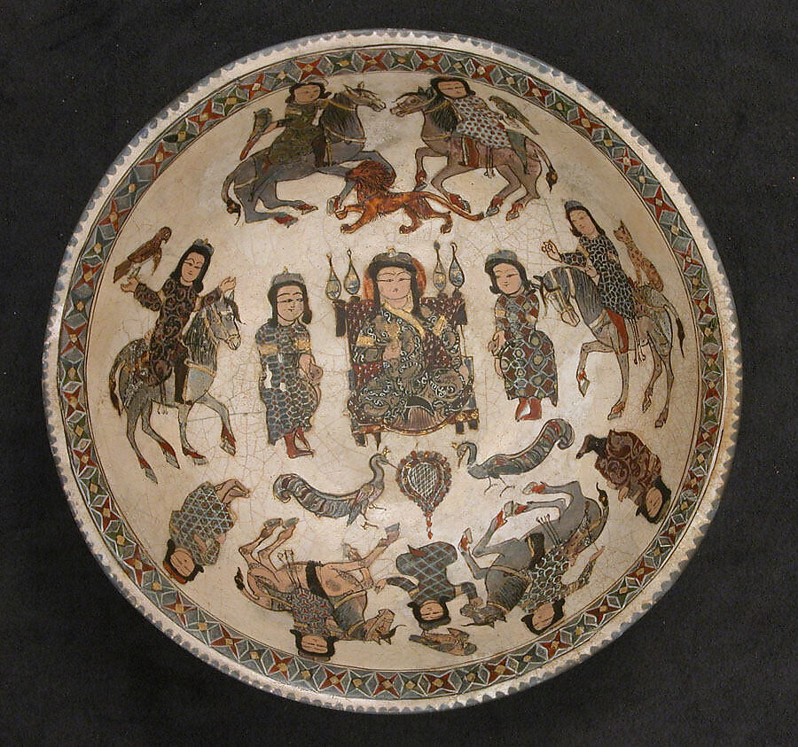 Bowl with Enthroned Figure and Horsemen, Stonepaste; glazed in opaque white, overglaze-painted