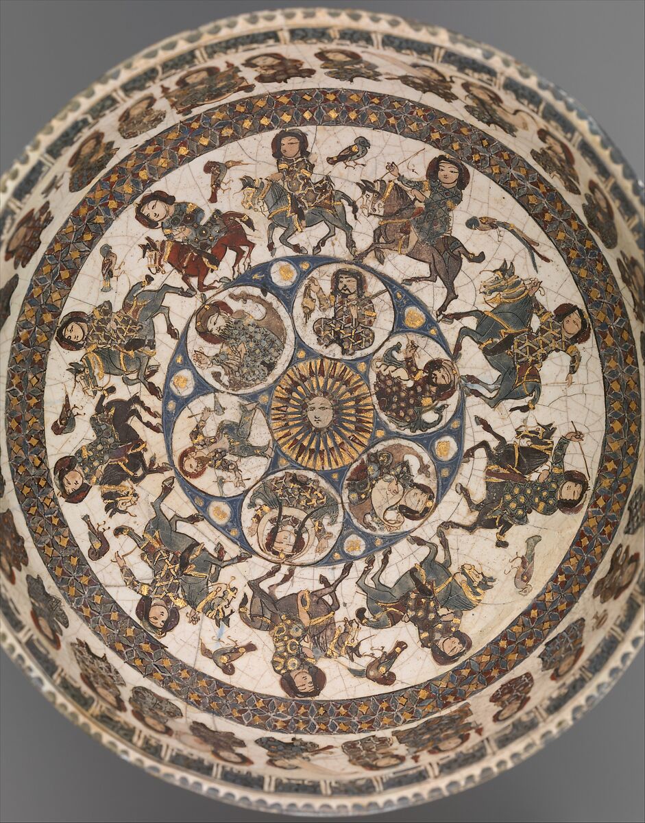 Bowl with Courtly and Astrological Motifs, Stonepaste; polychrome inglaze and overglaze painted and gilded on opaque monochrome glaze (mina'i)