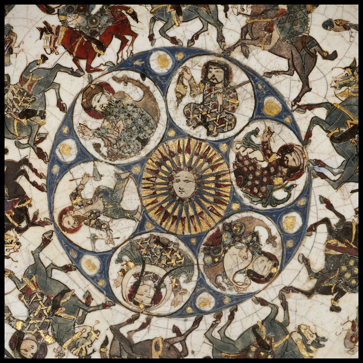 Bowl with Courtly and Astrological Motifs, Stonepaste; polychrome inglaze and overglaze painted and gilded on opaque monochrome glaze (mina'i)