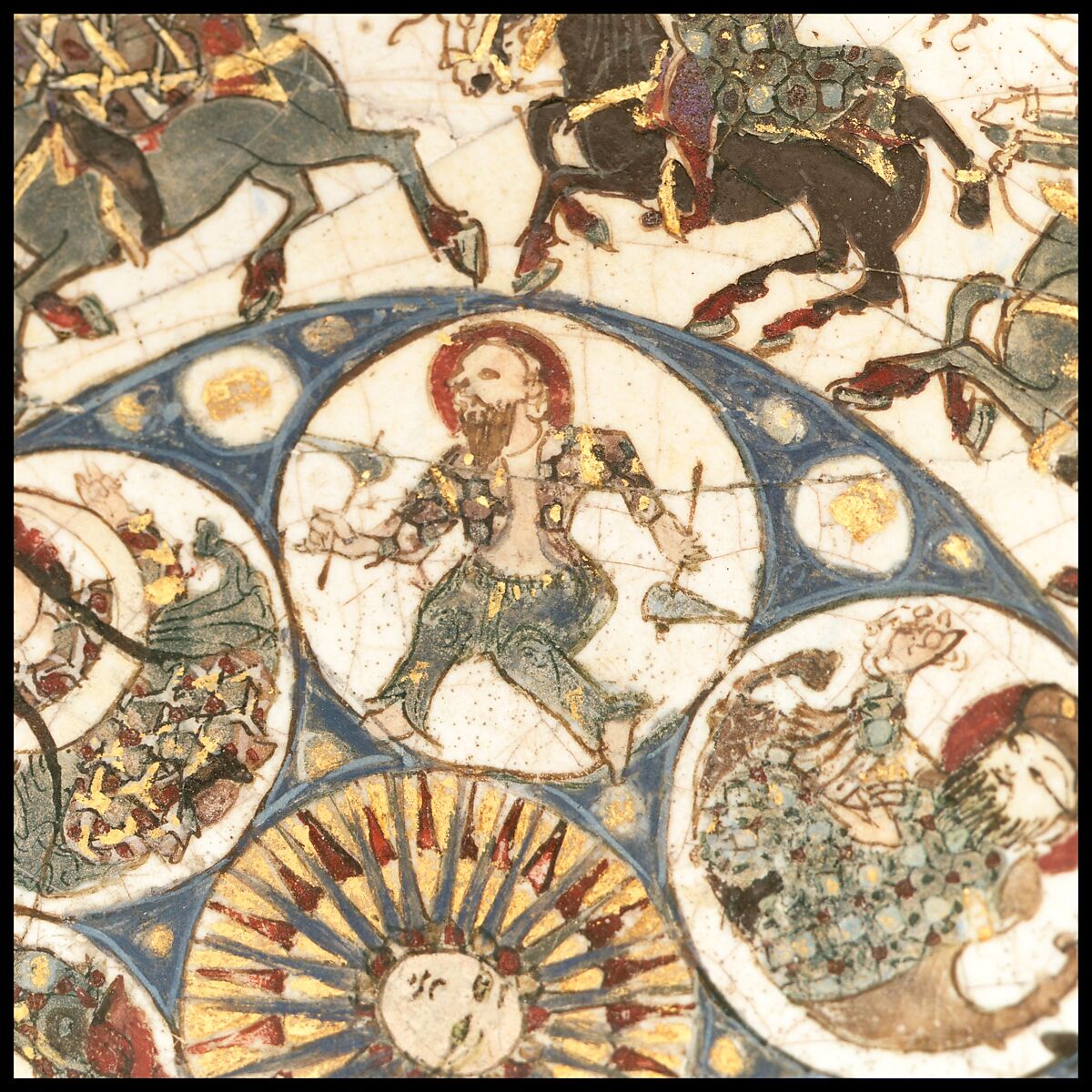 Bowl with Courtly and Astrological Motifs, Stonepaste; polychrome inglaze and overglaze painted and gilded on opaque monochrome glaze (mina'i)