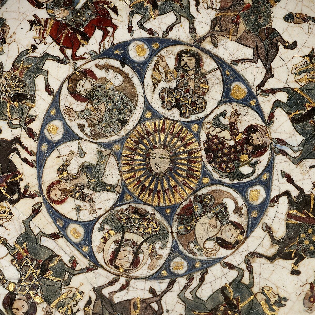 Bowl with Courtly and Astrological Motifs, Stonepaste; polychrome inglaze and overglaze painted and gilded on opaque monochrome glaze (mina'i)