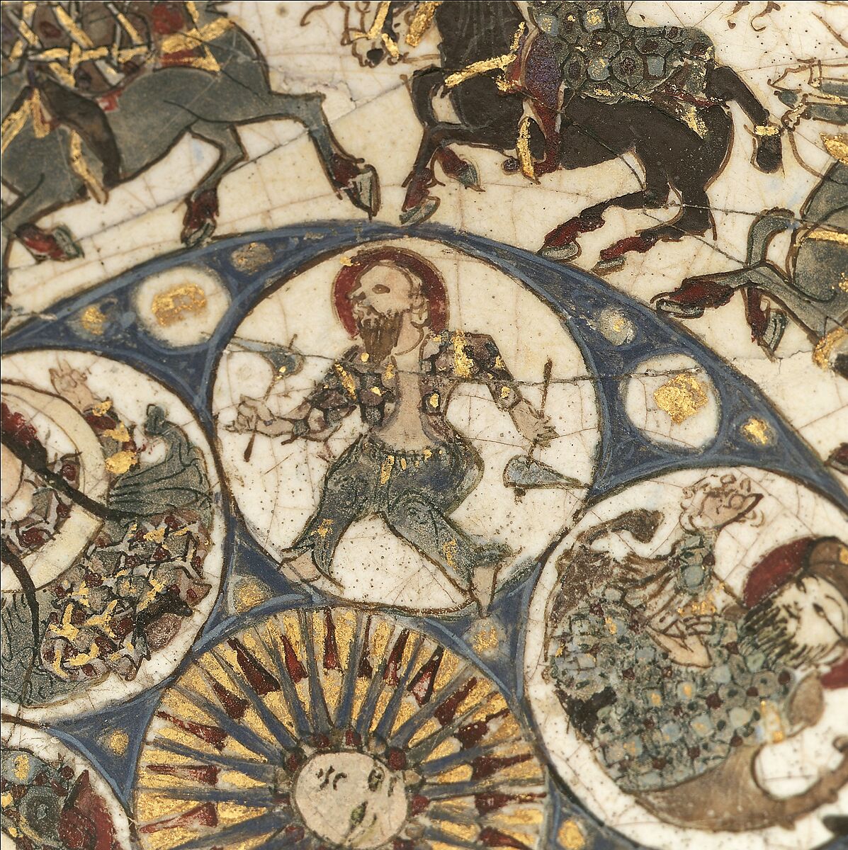 Bowl with Courtly and Astrological Motifs, Stonepaste; polychrome inglaze and overglaze painted and gilded on opaque monochrome glaze (mina'i)