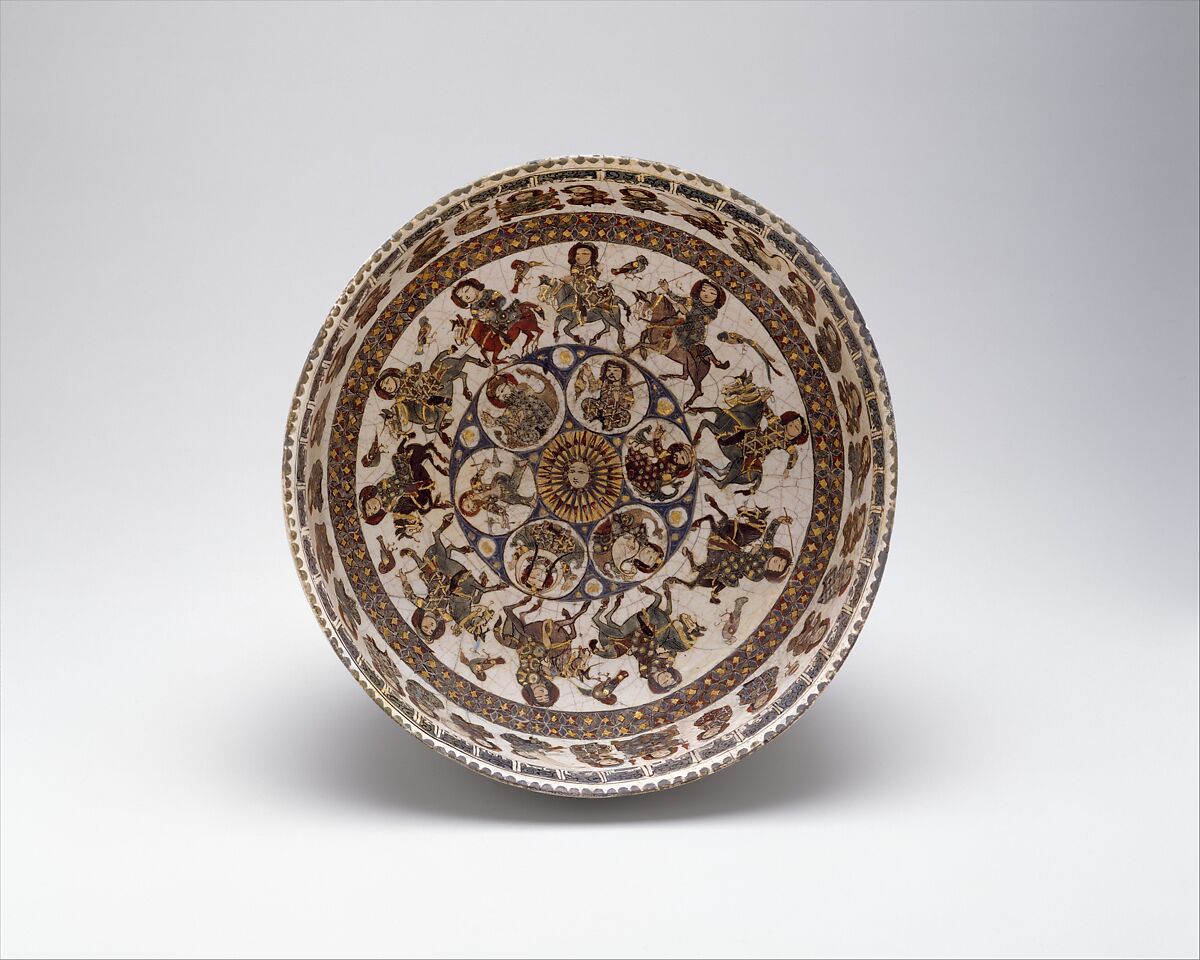 Bowl with Courtly and Astrological Motifs, Stonepaste; polychrome inglaze and overglaze painted and gilded on opaque monochrome glaze (mina'i)