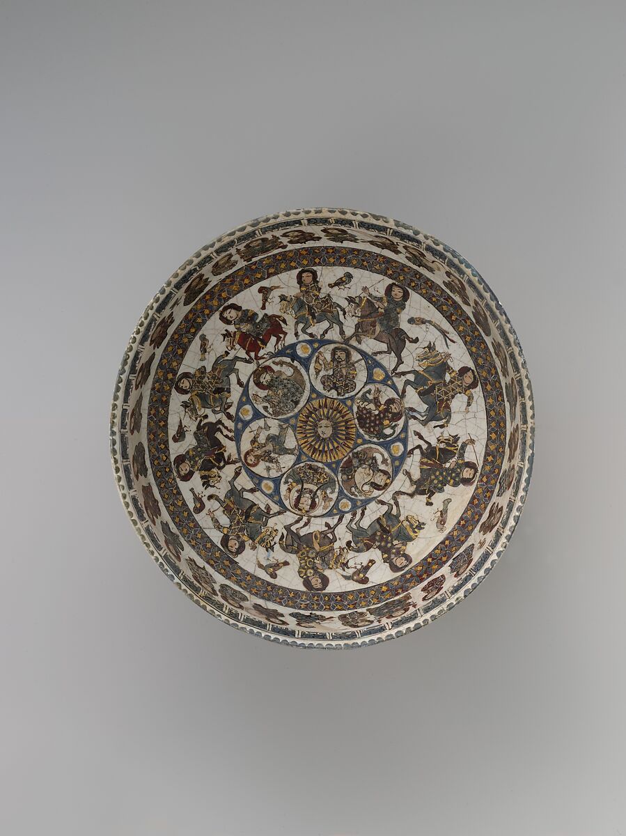 Bowl with Courtly and Astrological Motifs, Stonepaste; polychrome inglaze and overglaze painted and gilded on opaque monochrome glaze (mina'i)