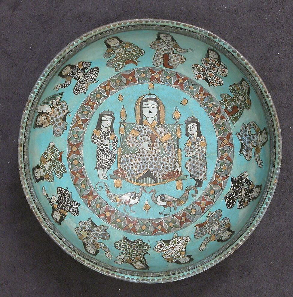 Bowl with a Ruler and Attendants, Stonepaste; polychrome inglaze and overglaze painted and gilded on opaque monochrome glaze (mina'i)