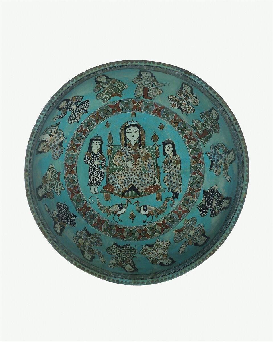 Bowl with a Ruler and Attendants, Stonepaste; polychrome inglaze and overglaze painted and gilded on opaque monochrome glaze (mina'i) 