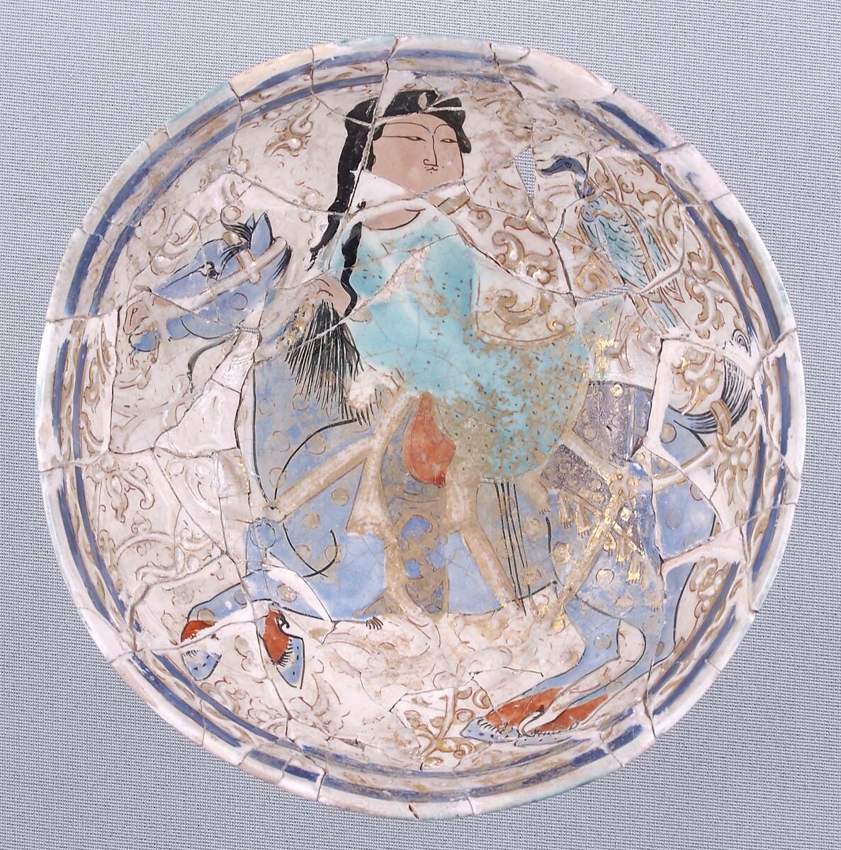 Bowl with a Horseman, Stonepaste; overglaze painted, and gilded, so-called "mina'i" ware 