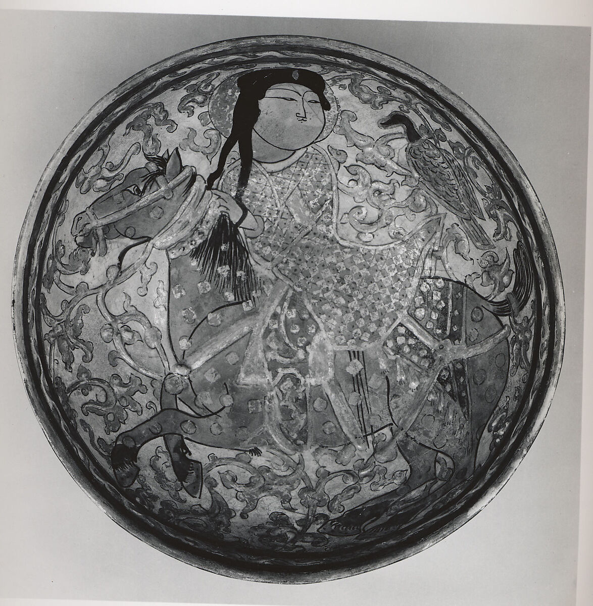 Bowl with a Horseman, Stonepaste; overglaze painted, and gilded, so-called "mina'i" ware