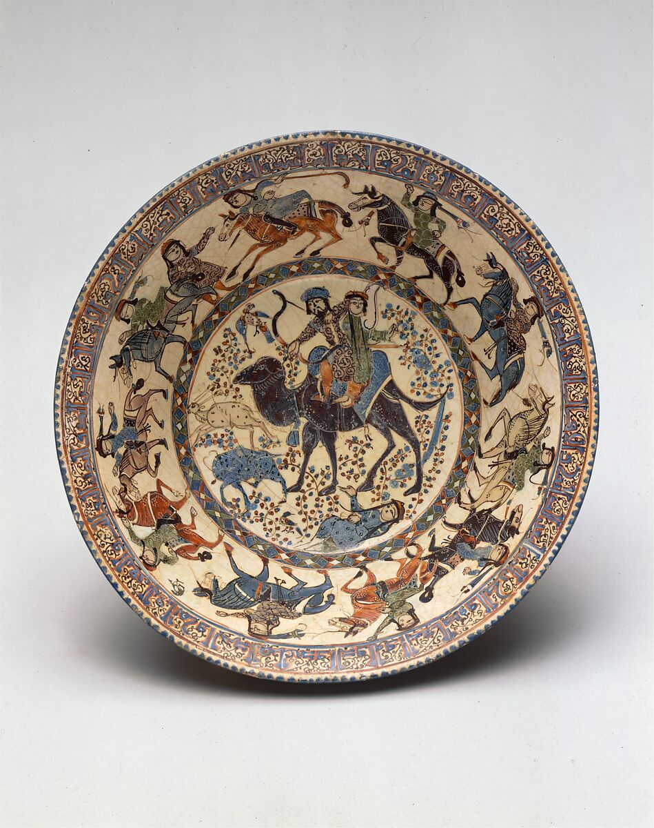 Bahram Gur and Azada, Stonepaste; polychrome inglaze and overglaze painted on opaque monochrome glaze (mina'i)