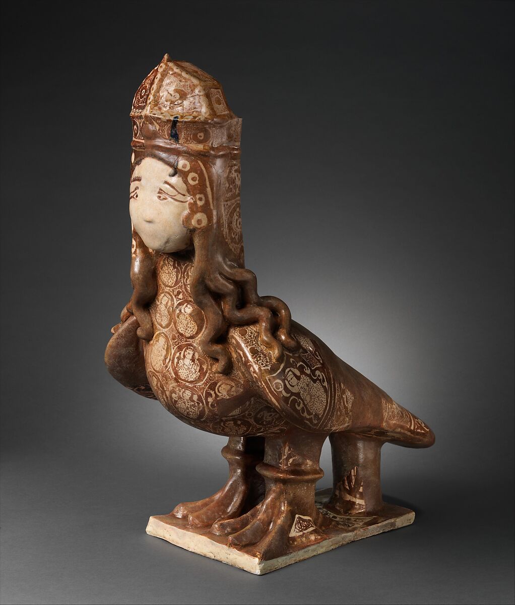 Figure of Harpy, Stonepaste; luster-painted on opaque white glaze, molded and applied decoration 