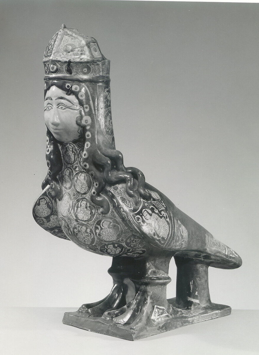Figure of Harpy, Stonepaste; luster-painted on opaque white glaze, molded and applied decoration