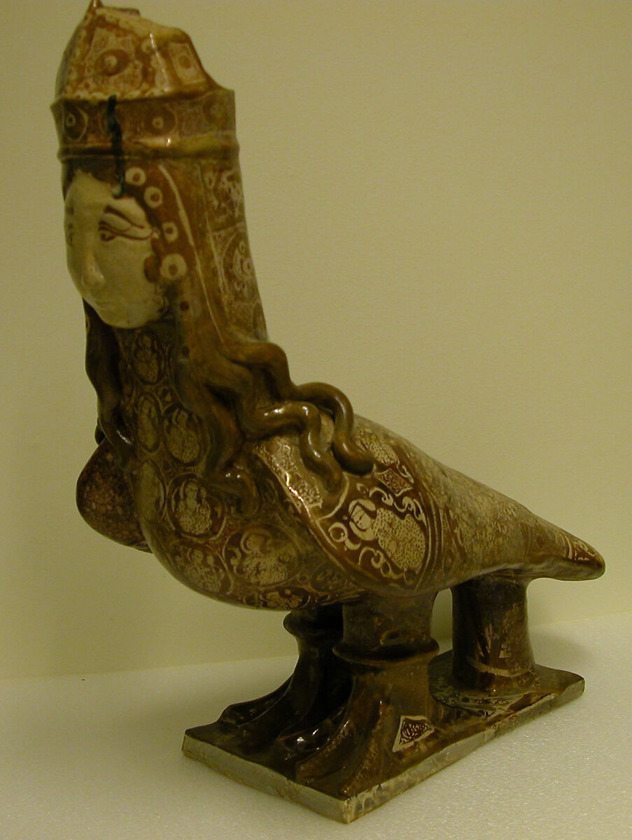 Figure of Harpy, Stonepaste; luster-painted on opaque white glaze, molded and applied decoration