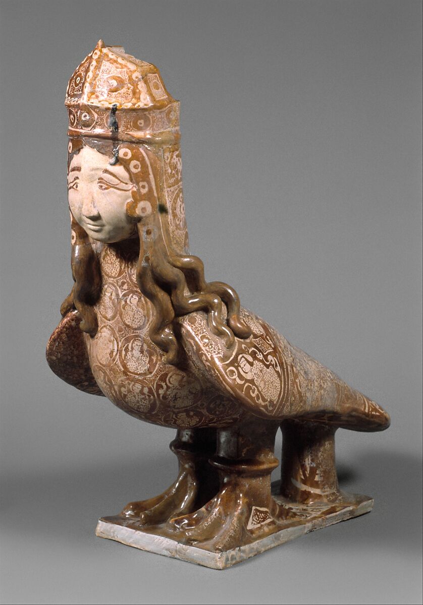 Figure of Harpy, Stonepaste; luster-painted on opaque white glaze, molded and applied decoration
