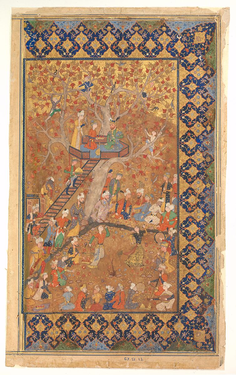 "Entertainment in a Garden", Folio from a Khamsa of Amir Khusrau Dihlavi, Matla' al-Anvar, Amir Khusrau Dihlavi (Indian, Patiyali, 1253–1325 Delhi), Opaque watercolor and gold on paper 