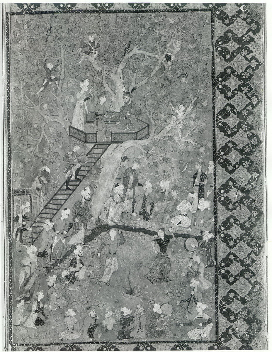 "Entertainment in a Garden", Folio from a Khamsa of Amir Khusrau Dihlavi, Matla' al-Anvar, Amir Khusrau Dihlavi (Indian, Patiyali, 1253–1325 Delhi), Opaque watercolor and gold on paper