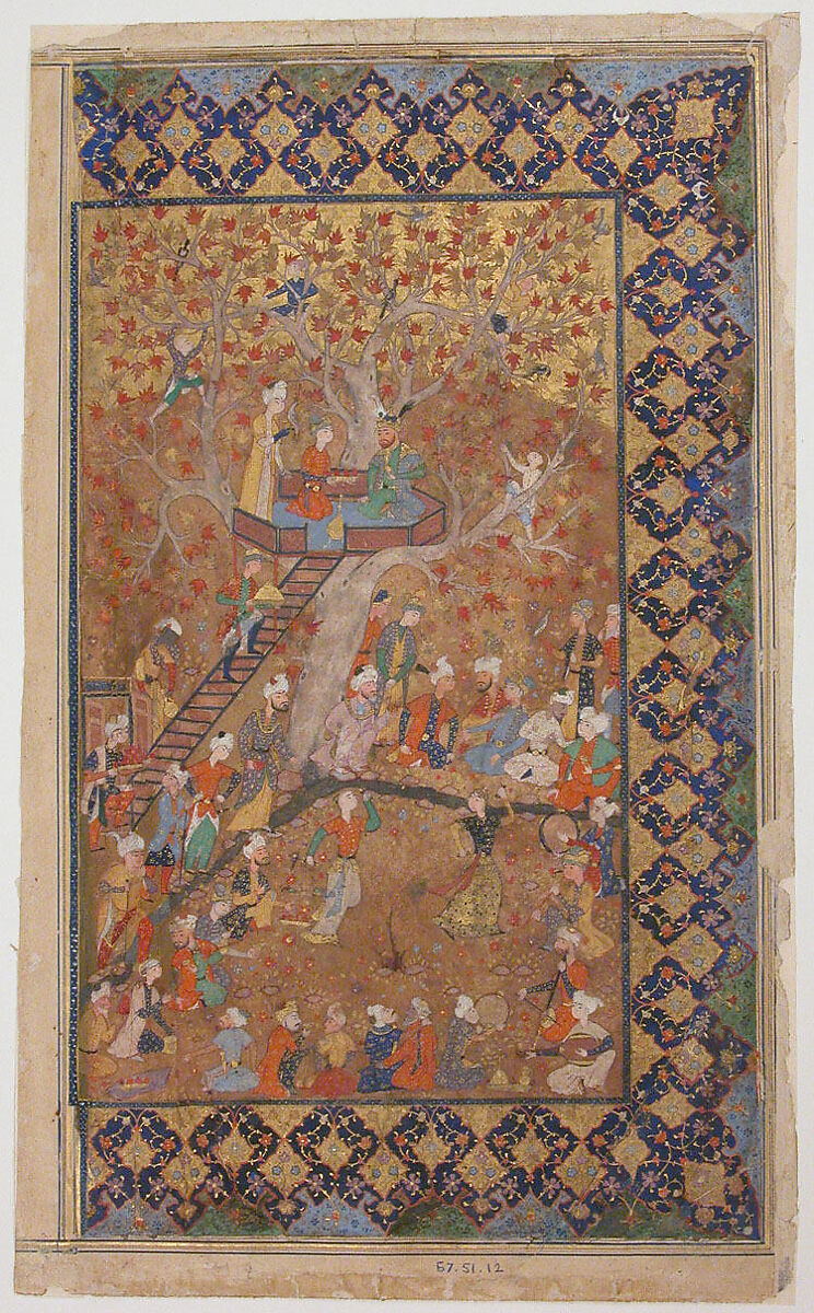 "Entertainment in a Garden", Folio from a Khamsa of Amir Khusrau Dihlavi, Matla' al-Anvar, Amir Khusrau Dihlavi (Indian, Patiyali, 1253–1325 Delhi), Opaque watercolor and gold on paper