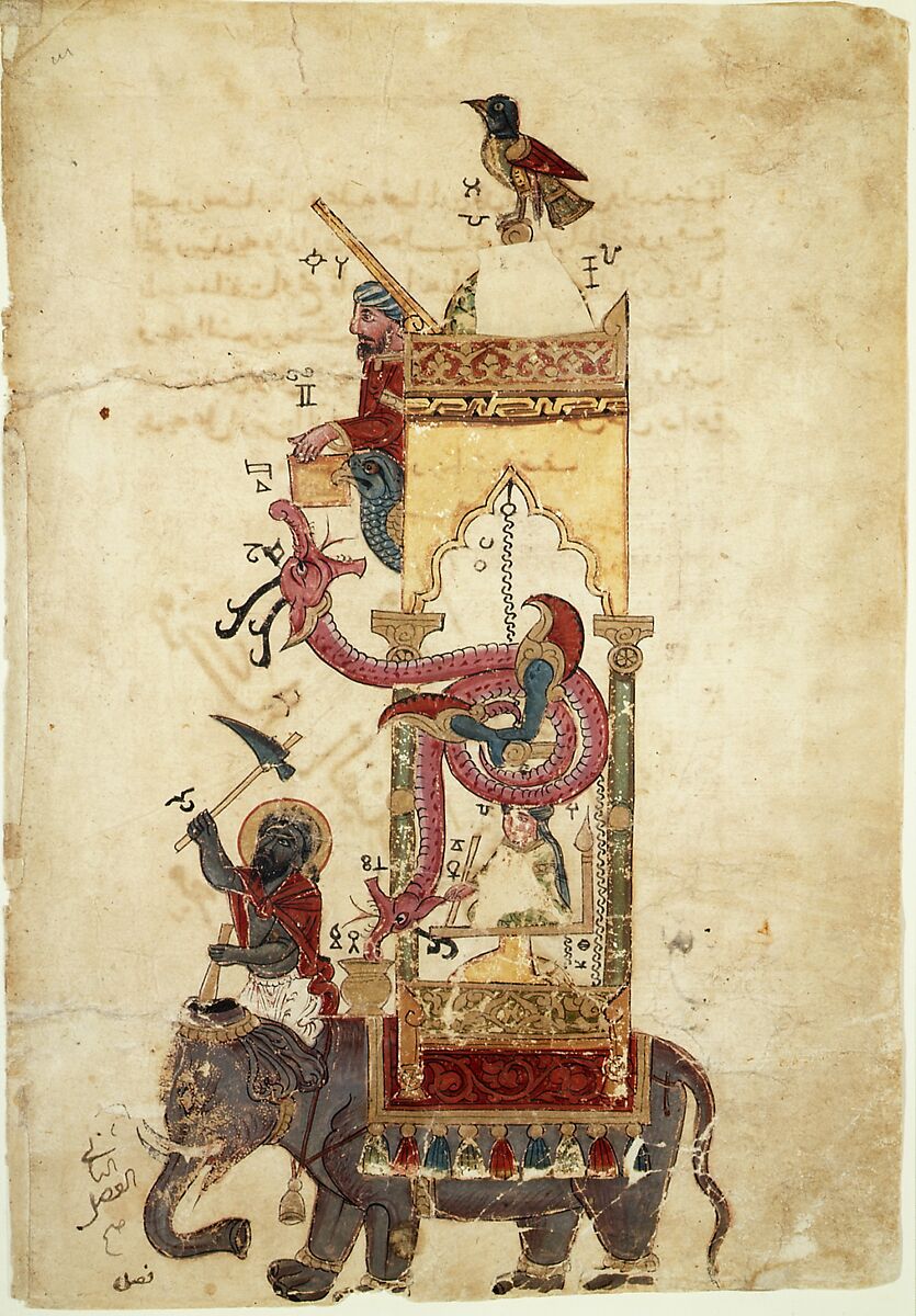 "The Elephant Clock", Folio from a Book of the Knowledge of Ingenious Mechanical Devices by al-Jazari, Farrukh ibn `Abd al-Latif, Ink, opaque watercolor, and gold on paper