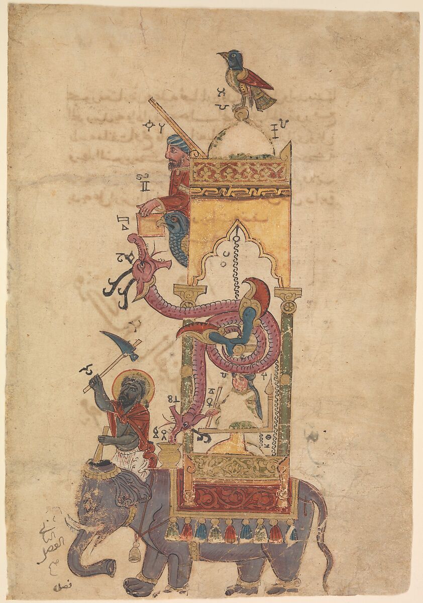 "The Elephant Clock", Folio from a Book of the Knowledge of Ingenious Mechanical Devices by al-Jazari, Farrukh ibn `Abd al-Latif, Ink, opaque watercolor, and gold on paper 