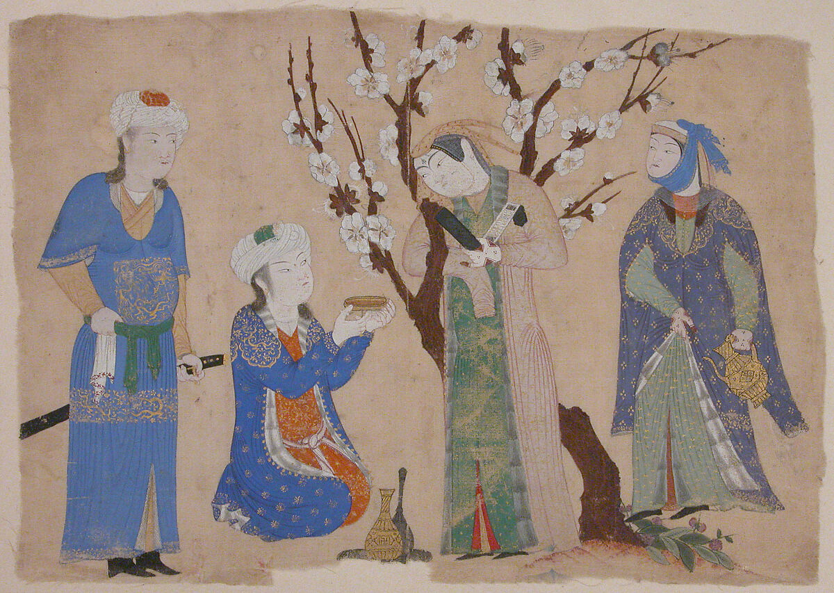 Wine Drinking in a Spring Garden, Opaque watercolor and gold on undyed silk