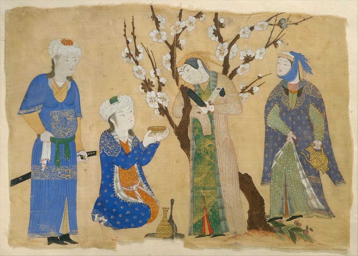 Wine Drinking in a Spring Garden, Opaque watercolor and gold on undyed silk