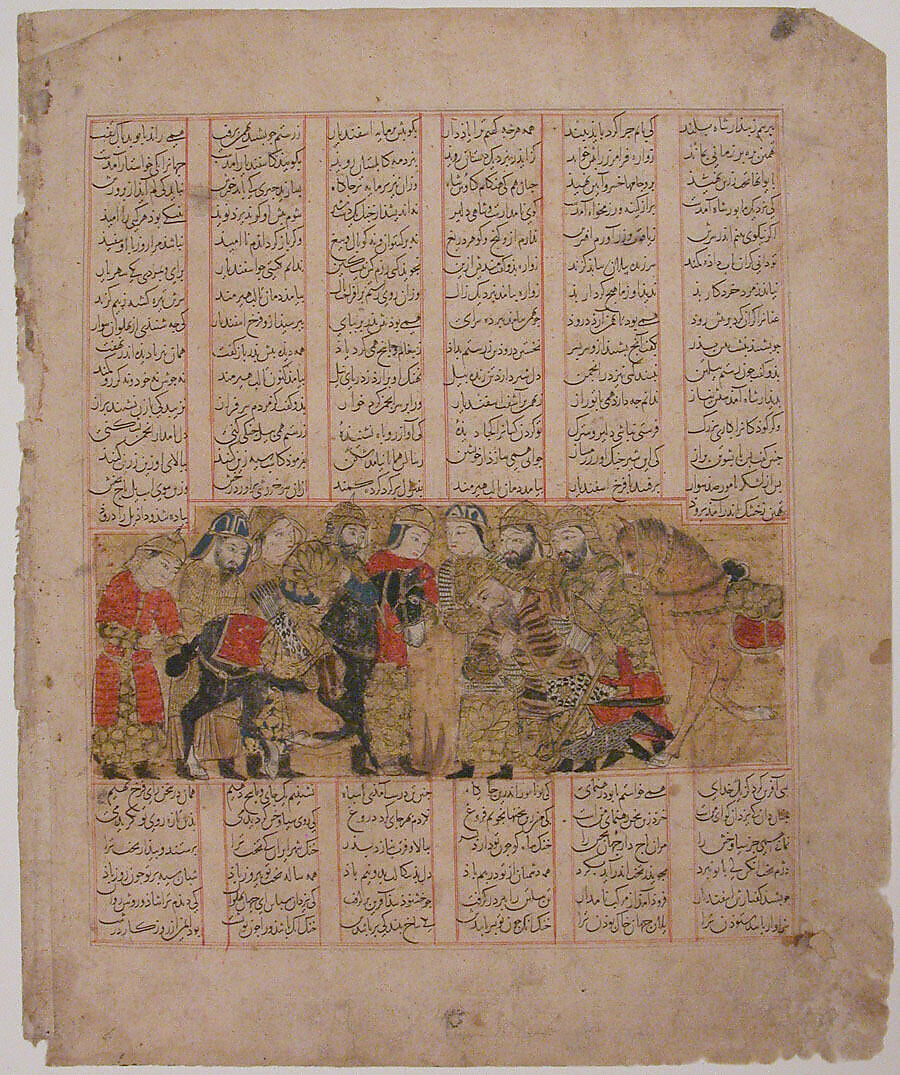 "Rustam Pleads for Tus Before Kai Khusrau," Folio from a Shahnama (Book of Kings), Abu'l Qasim Firdausi (Iranian, Paj ca. 940/41–1020 Tus), Ink, opaque watercolor, and gold on paper