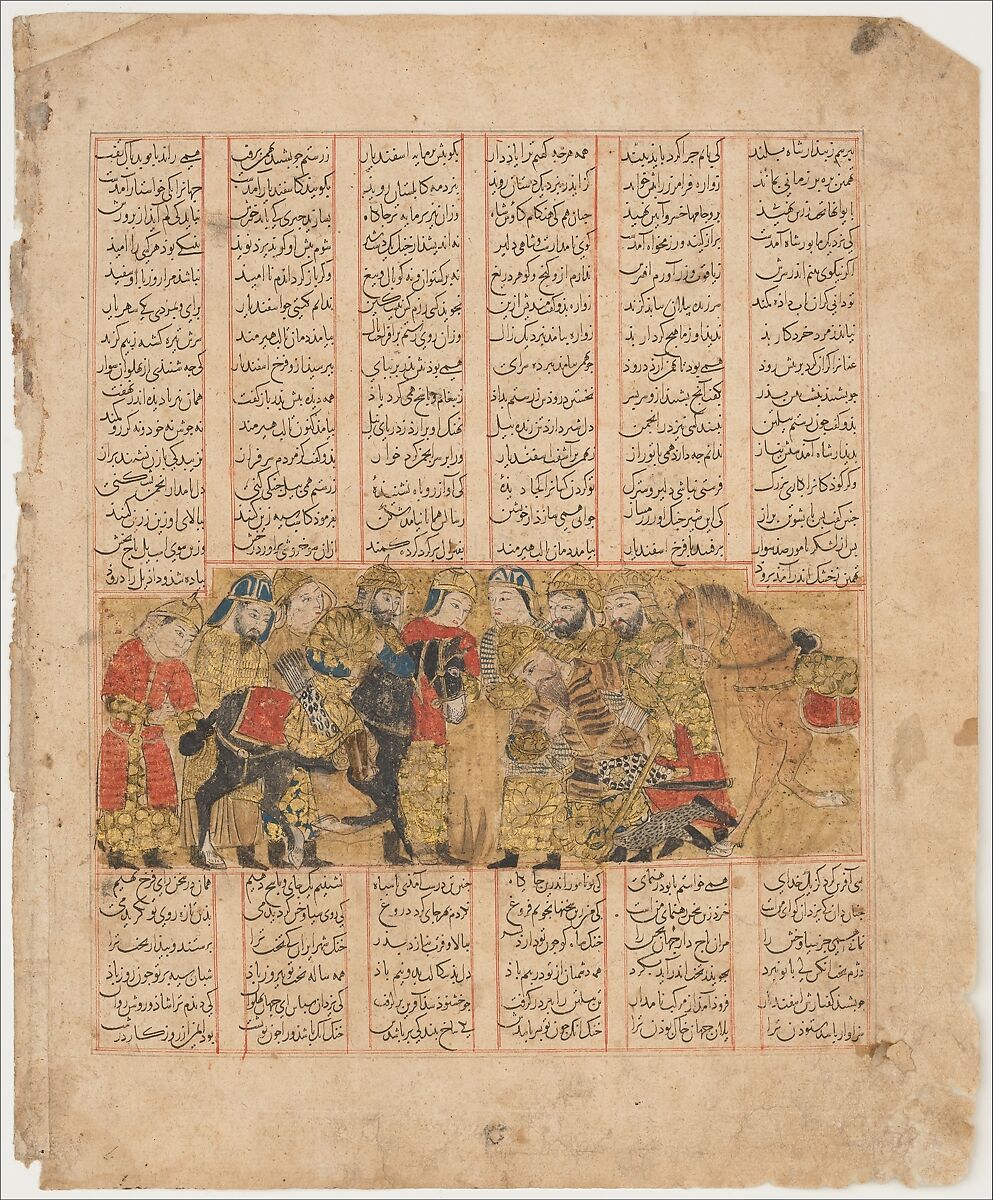 "Rustam Pleads for Tus Before Kai Khusrau," Folio from a Shahnama (Book of Kings), Abu&#39;l Qasim Firdausi (Iranian, Paj ca. 940/41–1020 Tus), Ink, opaque watercolor, and gold on paper 