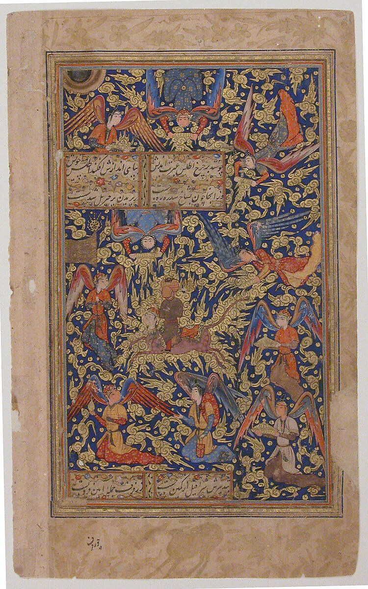 "Muhammad Ascends to Heaven in a Vision on Buraq", Folio from a Yusuf and Zulaikha of Jami, Maulana Nur al-Din `Abd al-Rahman Jami (Iranian, Jam 1414–92 Herat), Opaque watercolor and gold on paper 