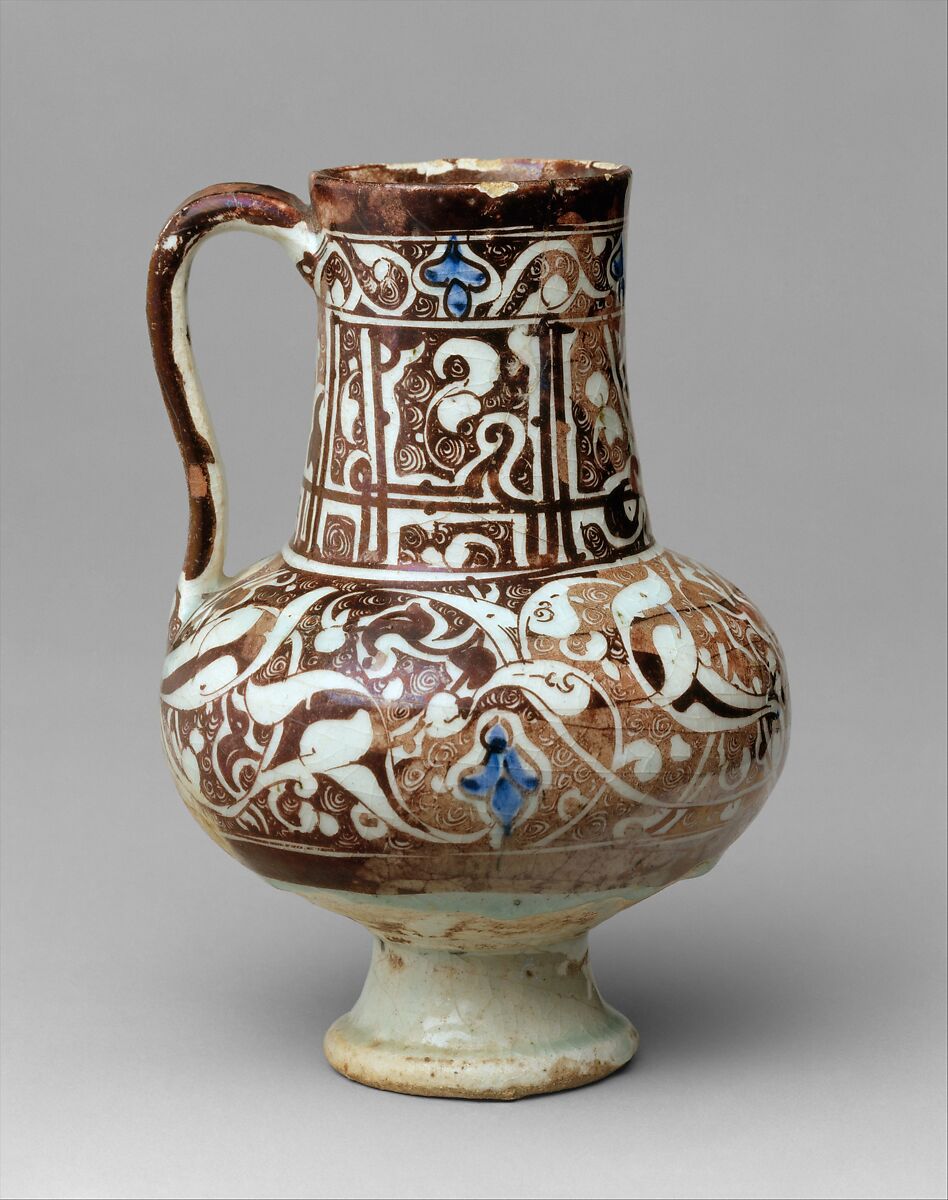 Ewer, Stonepaste; underglaze painted in blue, luster-painted on transparent glaze