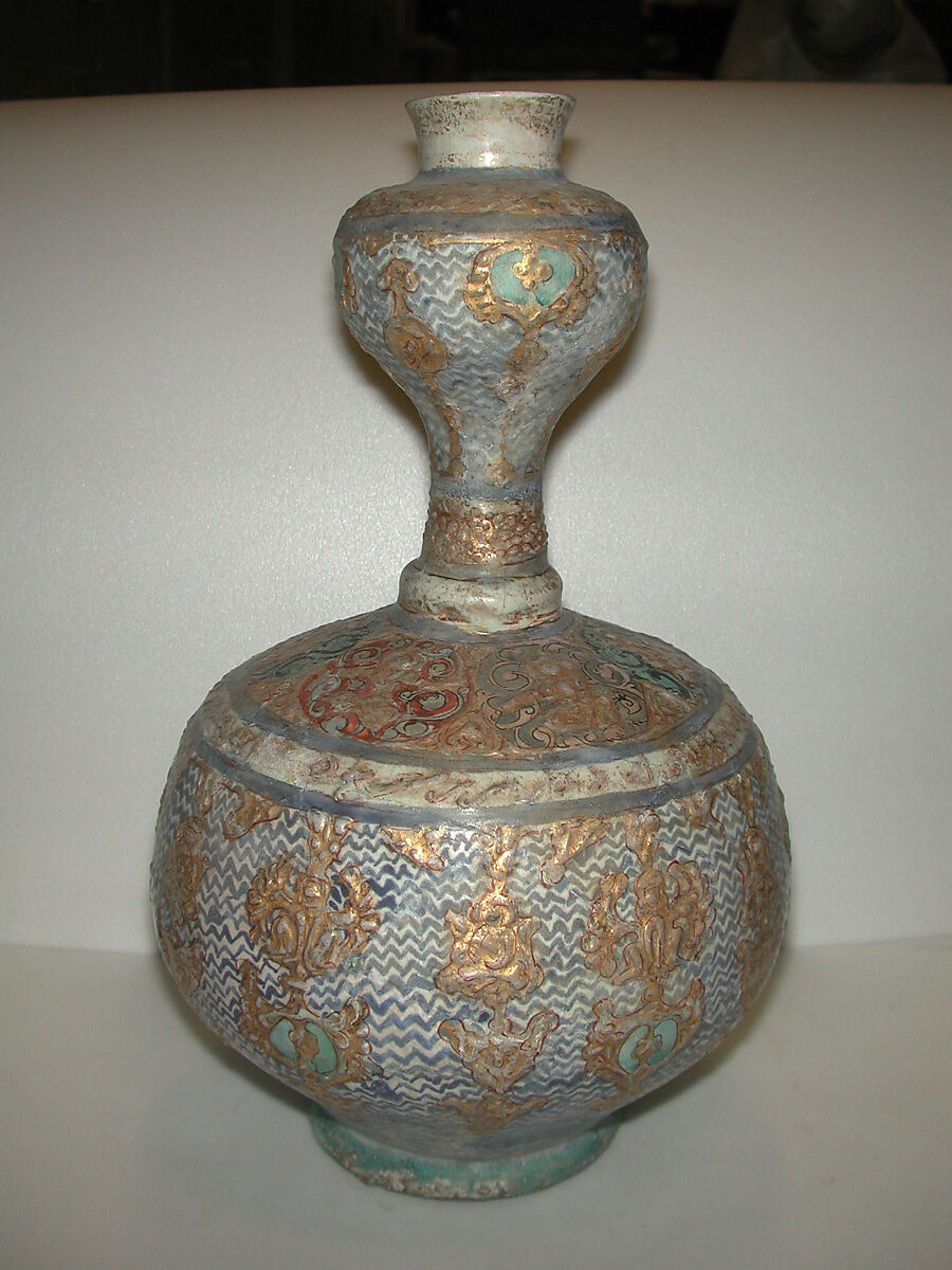 Gilded Mina'i Ceramic, Stonepaste; applied decoration, polychrome inglaze and overglaze painted and gilded on opaque monochrome glaze (mina'i) 